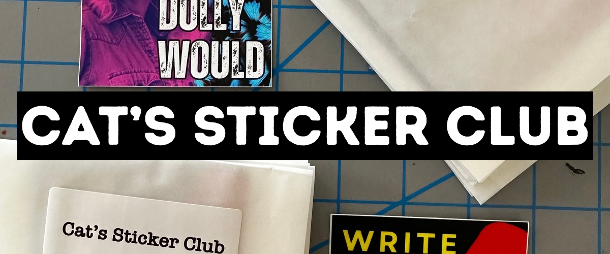 Close up of a gray cutting board with the edges of a two stickers and an envelop saying Cat's Sticker Club
