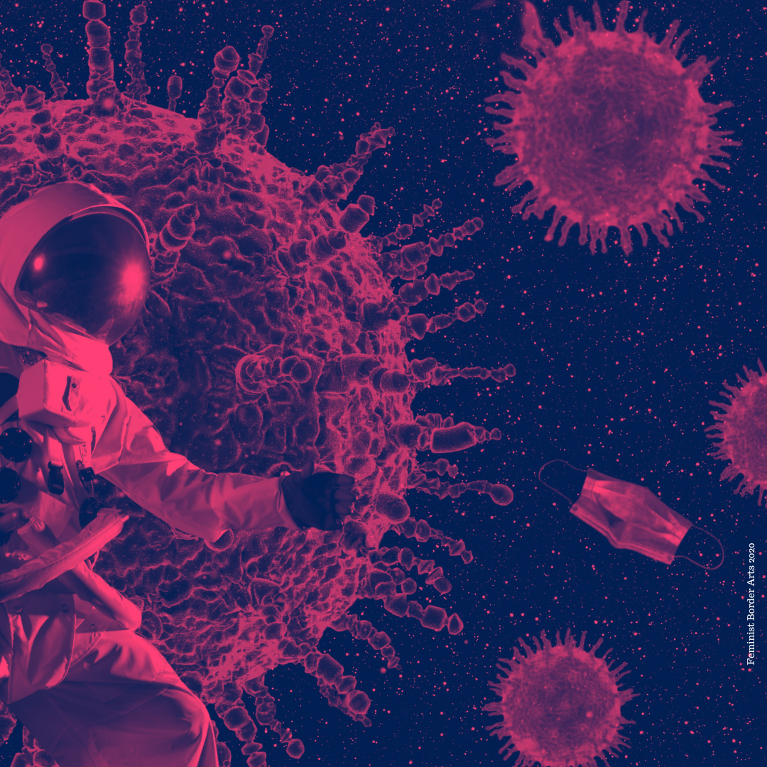 Space suited Astronaut grasping for mask against COVID-19 virus