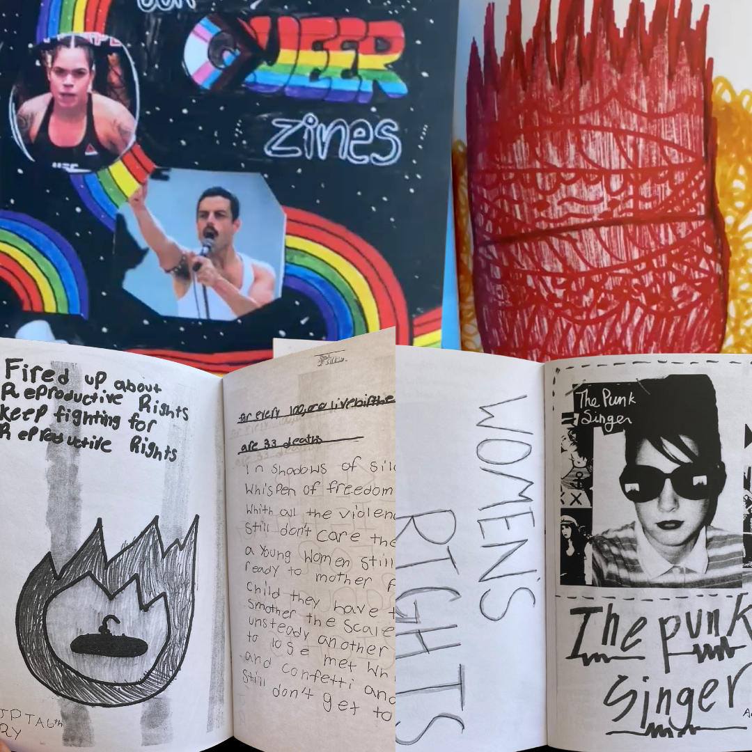 Images of the zine collab with Williams, Kiser, and Myers, as well as their students, for J.P.T. S.J.S. 19 on April 10. 2024