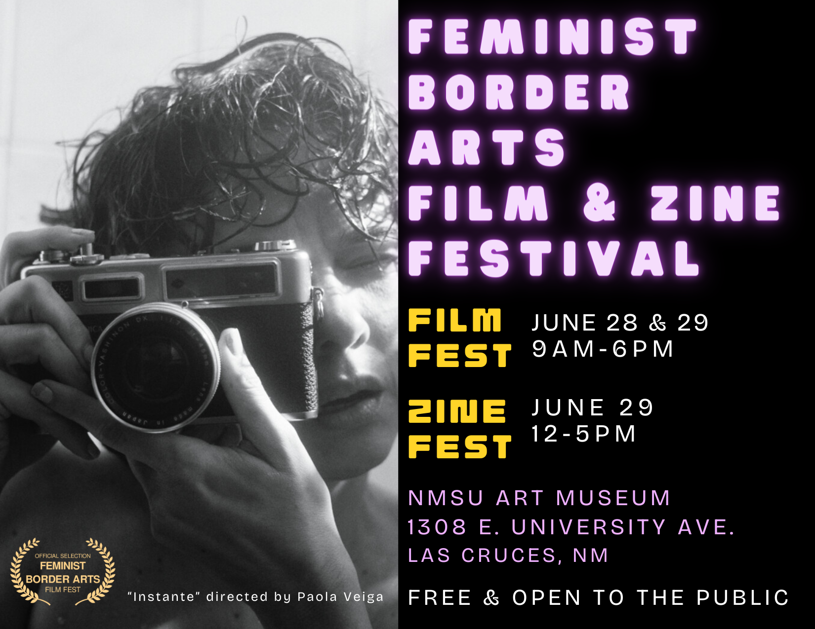 Advert for 2024 FBA Fest featuring a young woman from Brazil with curly dark hair holding a camera to her face