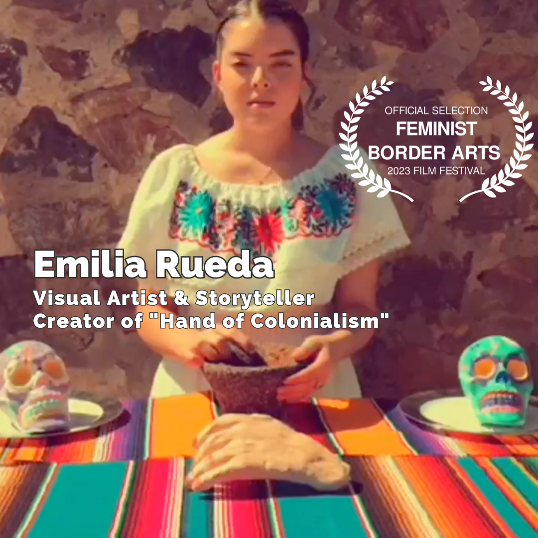 Still from Emilia Rueda's piece, Hand of Colonialism with image of creator.