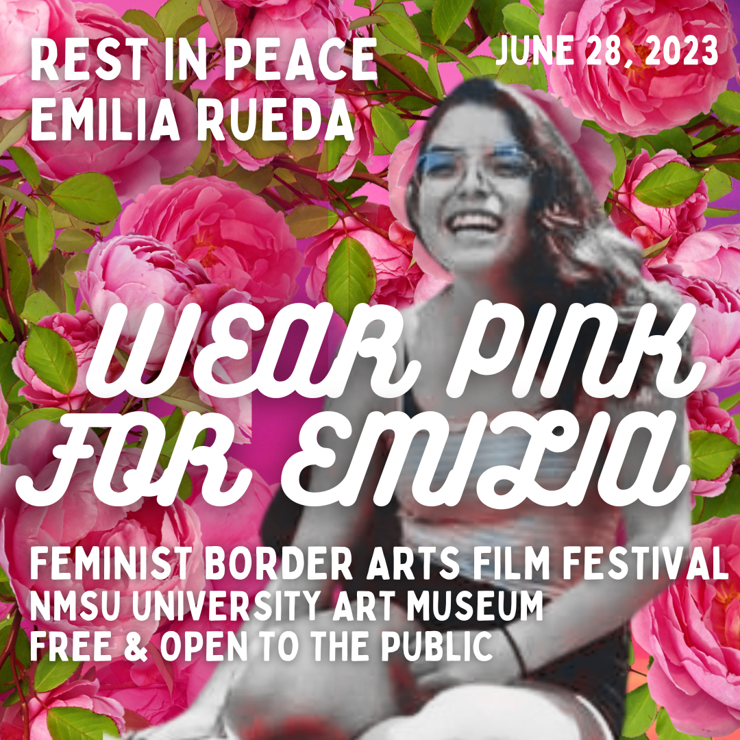 Justice-for-Emilia-Rueda-FBAFF23 image and pink flowers. Wear pink for Emilia