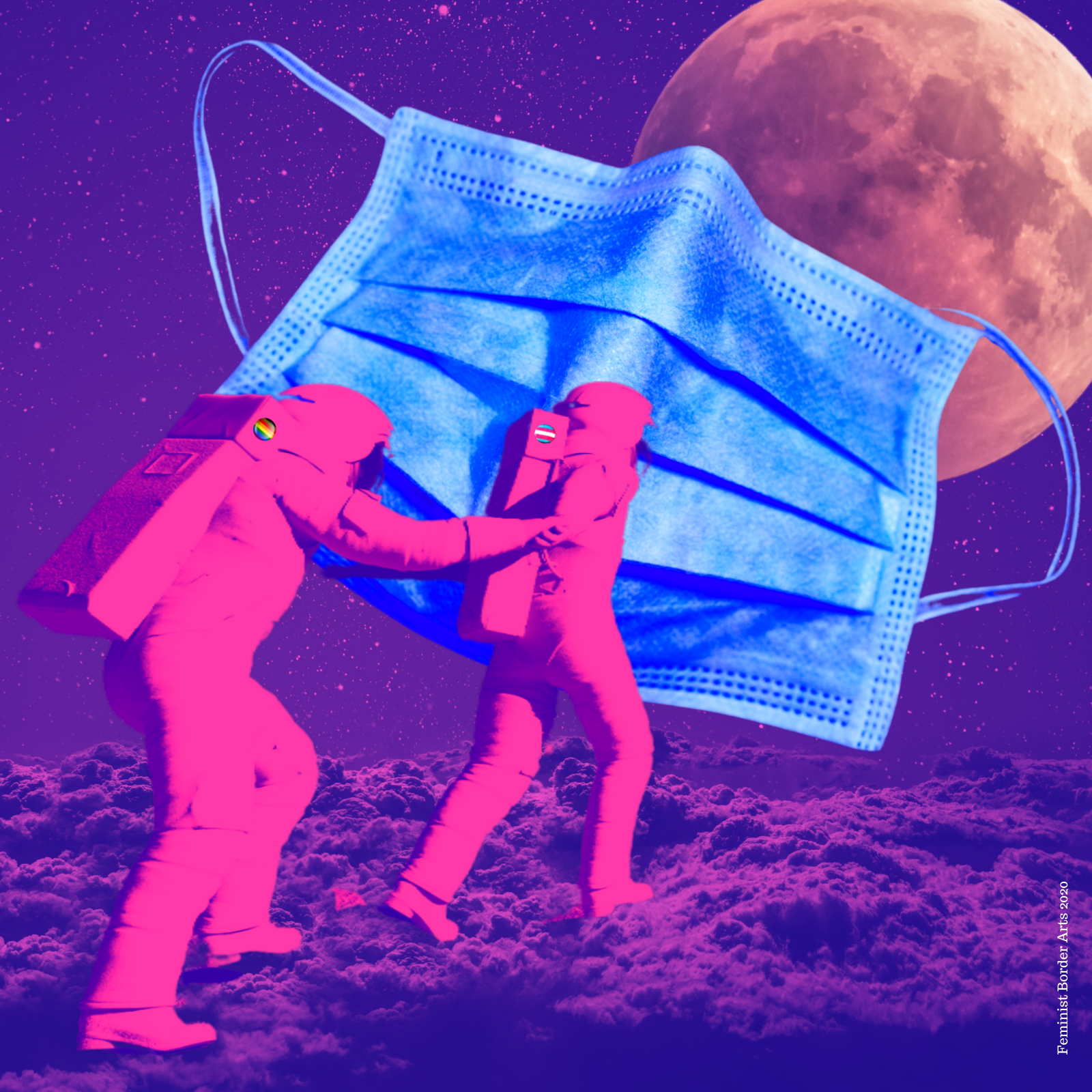 Two figures running away together under a giant mask-like moon