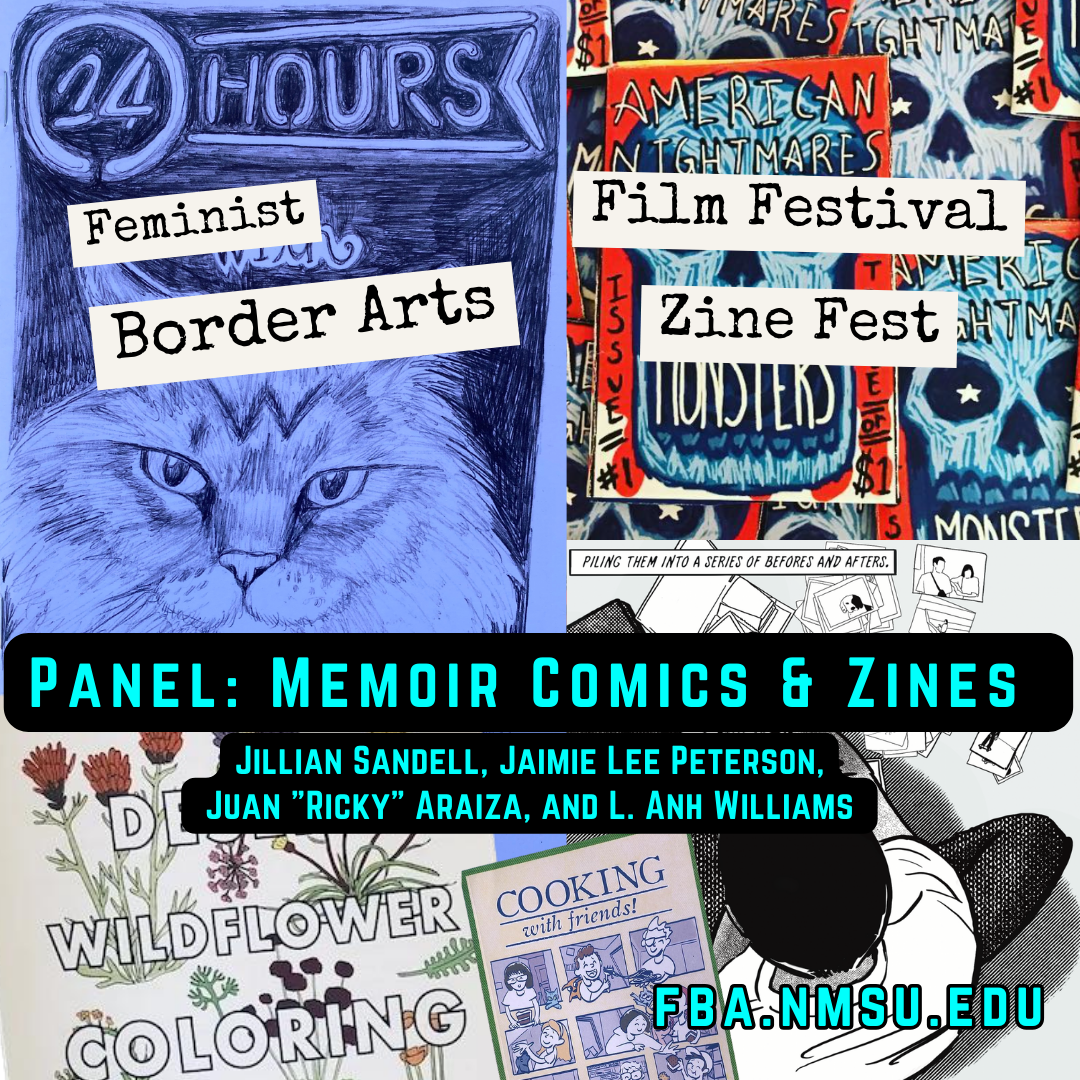 A composite of zine and comics works by each of the speakers including a cat, desert flowers, stylized skull, and an image of the self by one artist