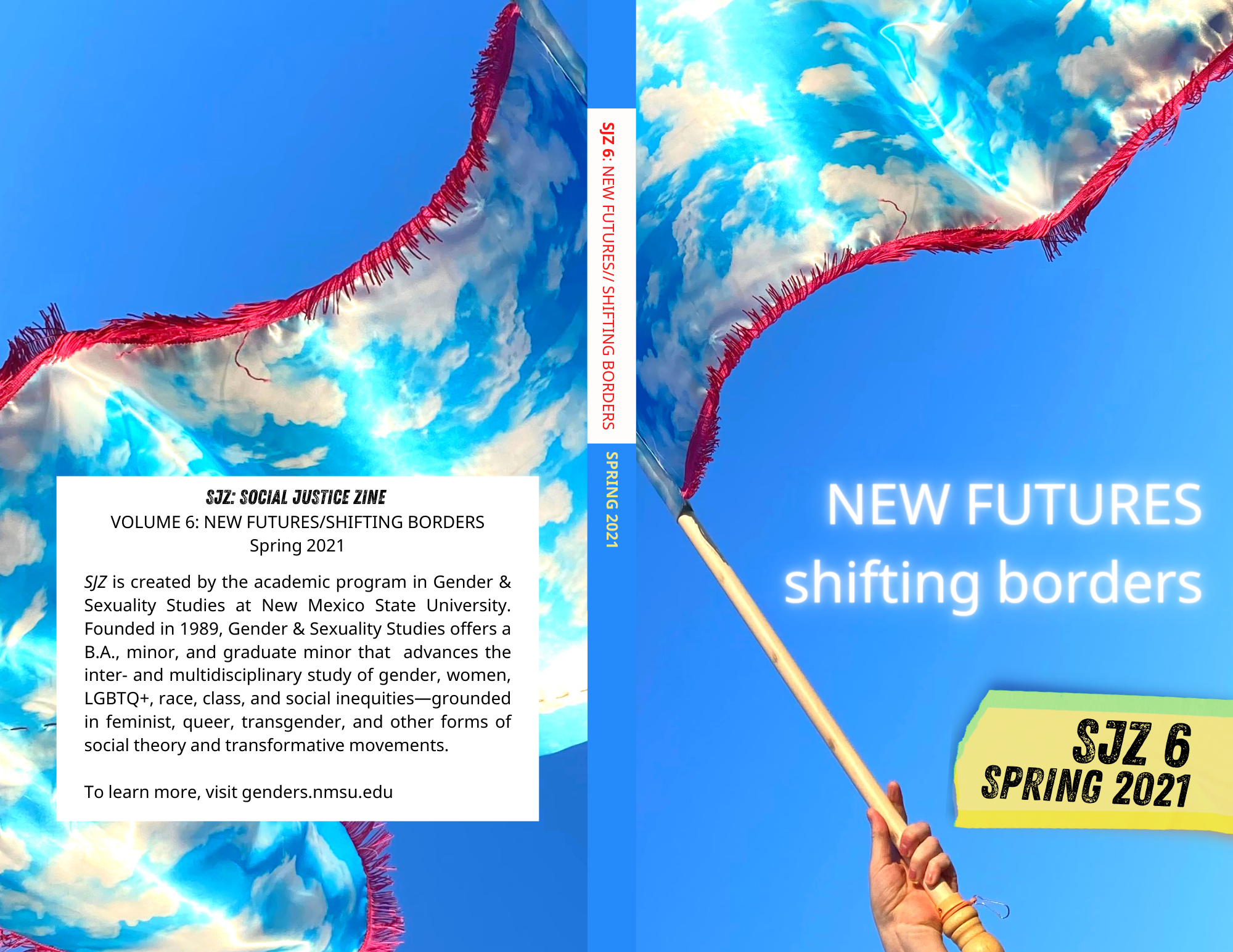 Cover of SJZ-6-New-Futures-Shifting-Borders feature a cloudy sky flag representing the southwestern sky