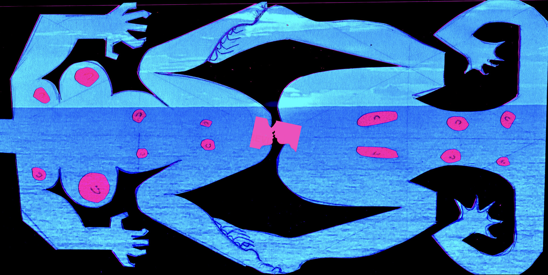 Abstract image in blue of humanoid bodies with faces, below the foreheads, with mouths as sex orgrans